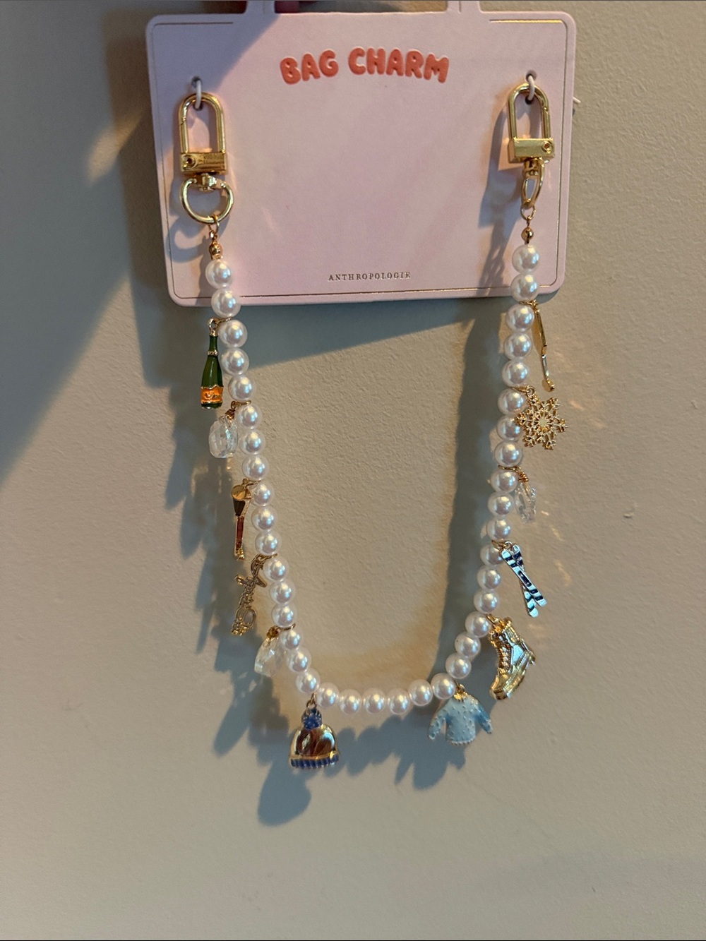Anthropologie Pearl Charm Bag Chain in White and Gold